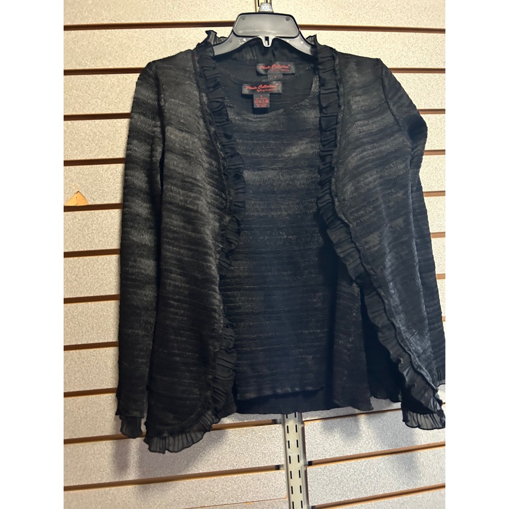 Pleats Collection Black Crinkle Twin Set‎ Ruffle Cardigan Tank Top Small